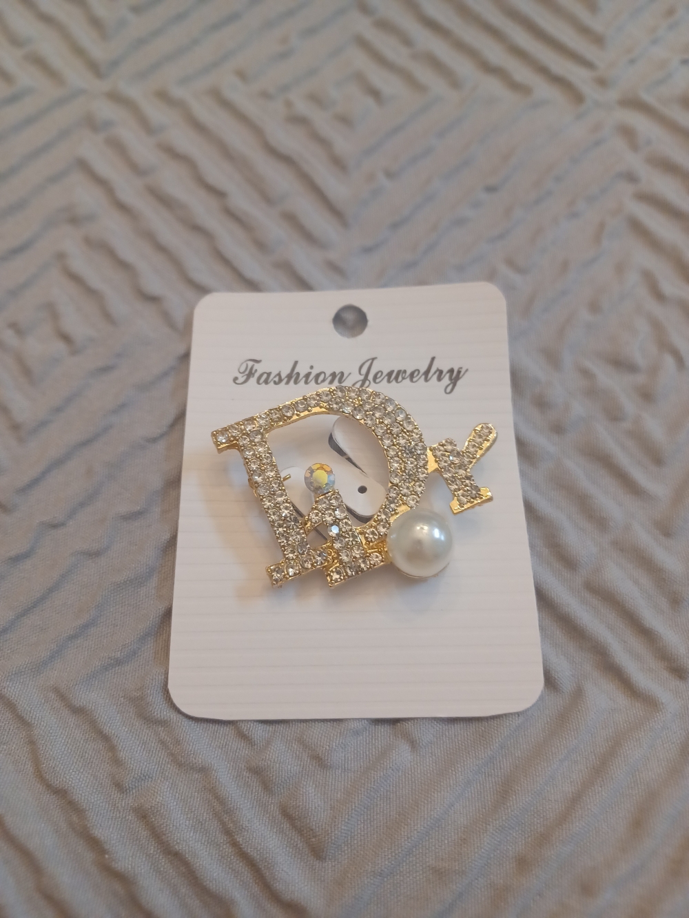 Crystal Embellished Letter Brooch with Pearl Accent - Gold
